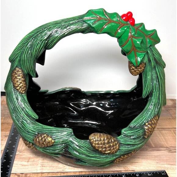 VTG Ceramic Christmas Decorative Pinecone Holly Basket Holland Mold Centerpiece - Picture 4 of 7